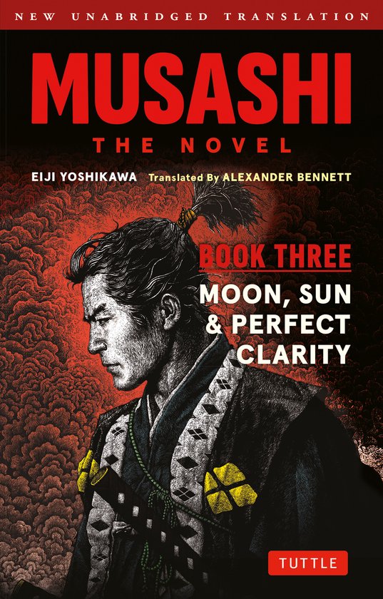 Boekomslag van Musashi: The Novel, Book Three, met een illustratie van een samoerai met een staartje, in rood en zwart.
