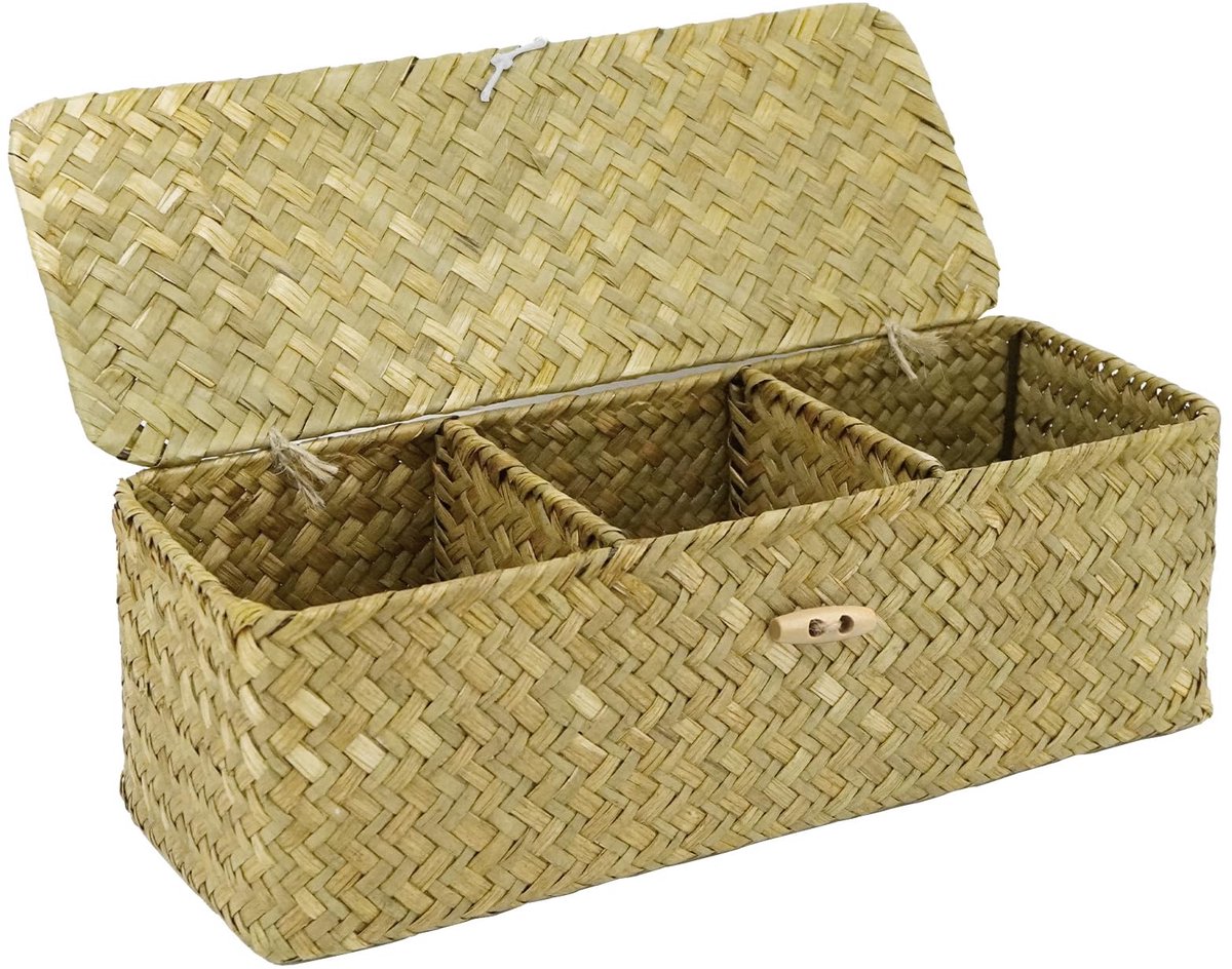 Azomor® Elegant Gevlochten Opbergmand met Deksel en Drie Compartimenten