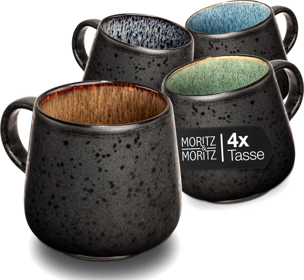 Moritz & Moritz SOLID Koffiekopjes Set - 4-delig Koffiebeker met Oor - 400 ml - Steengoed - Multicolor