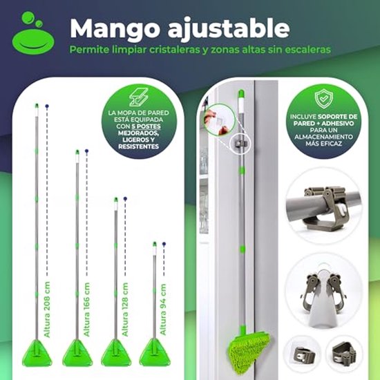 Reinigingsmosch, driehoekige mop voor reiniging 360 graden draaibaar, reinigingsmop met lange handgreep voor vloer/wand/raam
