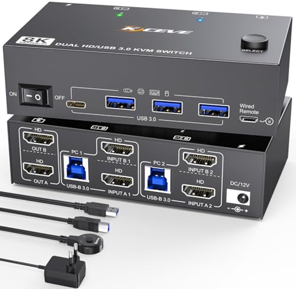 8K HDMI KVM-switch voor 2 computers en 2 monitoren met USB 3.0-hub en afstandsbediening
