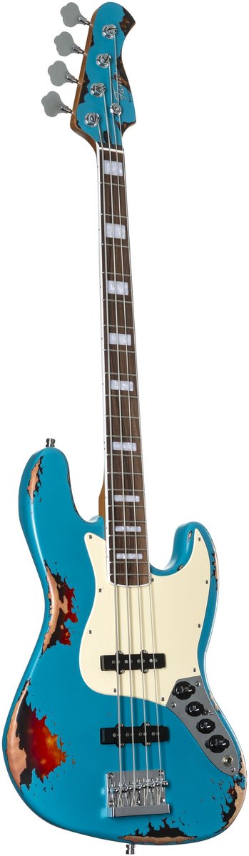 Fame Custom JB 4 Worn Sonic Blue over 3-Tone Sunburst - Elektrische basgitaar