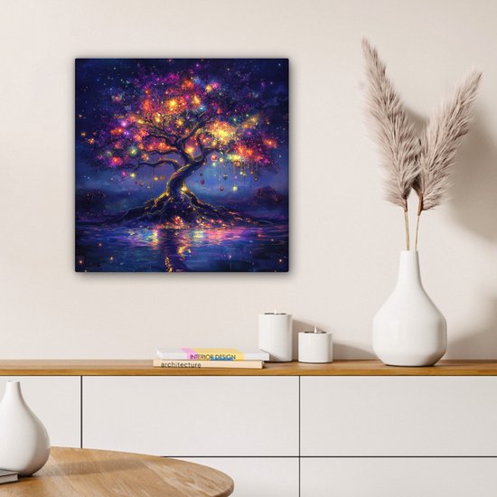 Tableau sur toile 50x50 cm - Décoration murale exclusive Cosmique - sapin lumineux - Noël - Coloré - Décoration murale salon - Décoration de chambre - Tableaux sur toile - Décoration de Noël intérieure - Ornements de Noël - Décoration de Noël