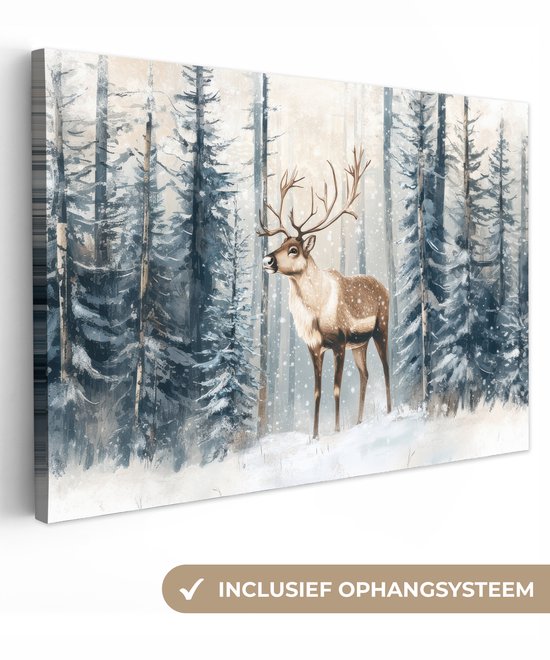 Canvas schilderij 120x80 cm - Exclusieve wanddecoratie Rendier - Sneeuw - Woud - Wit - Muurdecoratie woonkamer - Slaapkamer decoratie - Kamer accessoires - Schilderijen op canvas