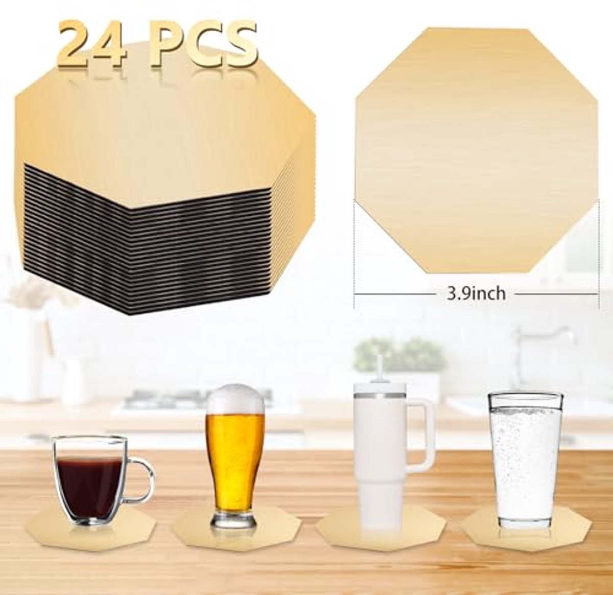 24 Stuks Gouden Spiegel Onderzetters - Roestvrijstalen Antislip Onderzetters voor Drankjes - 10 cm Achthoekig