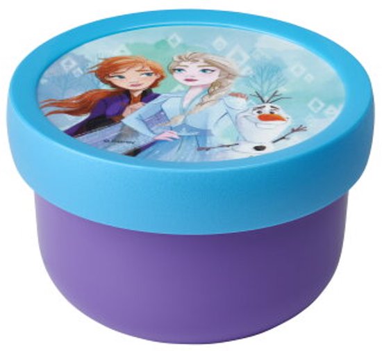 Boîte à fruits violette avec couvercle bleu, avec une image d'Elsa, Anna et Olaf de La Reine des Neiges.