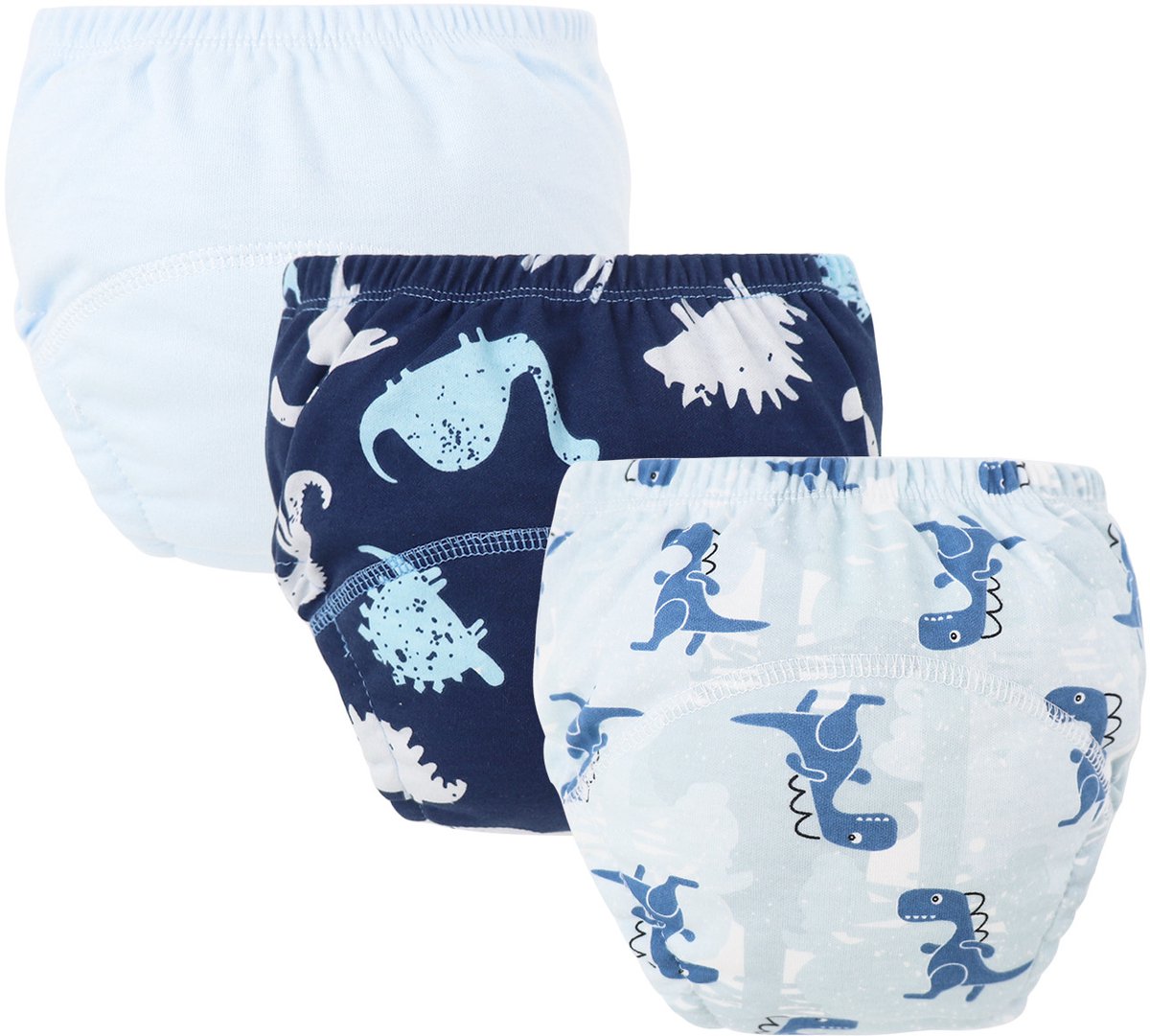 Image of 3-pack baby katoenen trainingsbroekjes - herbruikbare peuter zindelijkheidstrainingsbroekjes - lichtblauw + donkerblauw Tyrannosaurus Rex + lichtblauwe dinosaurus (luiers) - geschikt voor jongens en meisjes van 12-18 kg