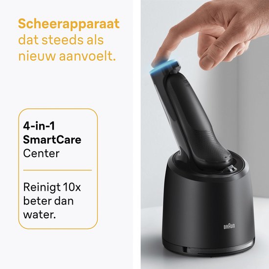 Vinger plaatst zwarte Braun scheerapparaat in het SmartCare center.