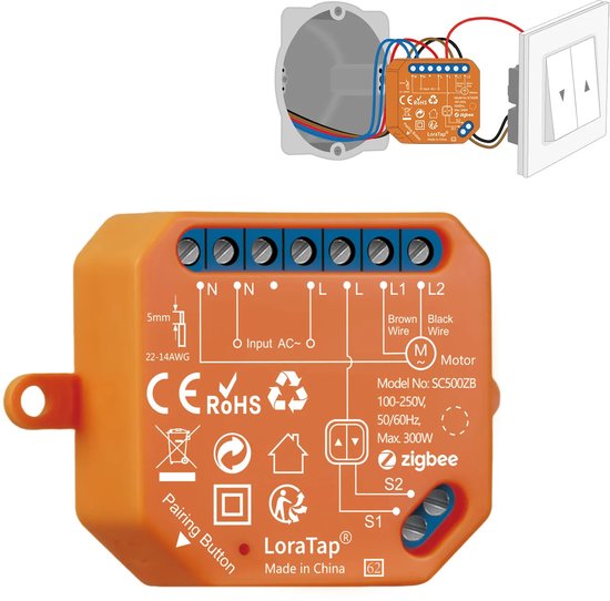 Detailopname van de oranje ZigBee-module met aansluitpunten en bedradingsschema, inclusief schakelaaraansluiting.