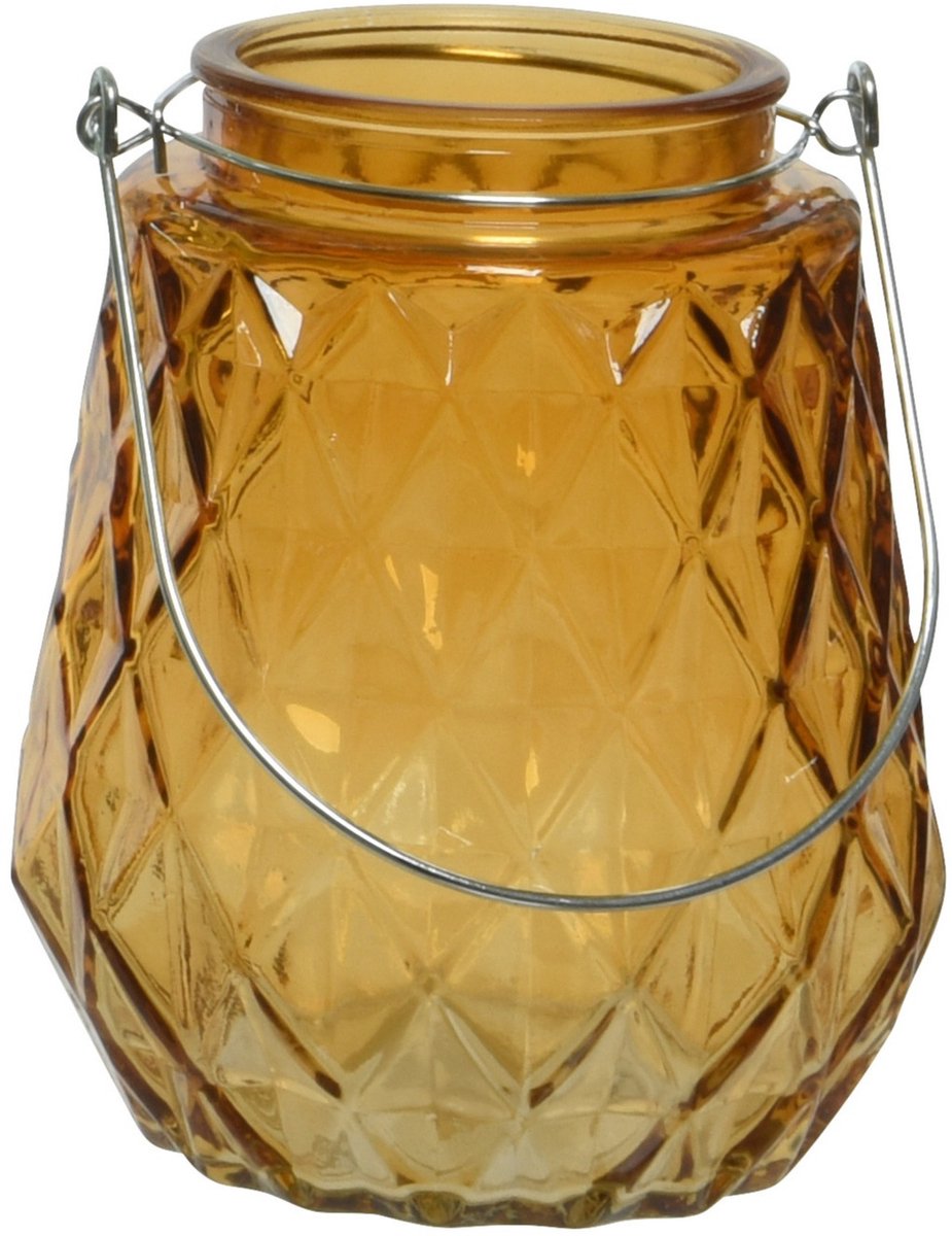 Decoris Waxinelichtjes houder - ruitjes glas - oranje - 11 x 13 cm - handvat - Sfeer kaarsen