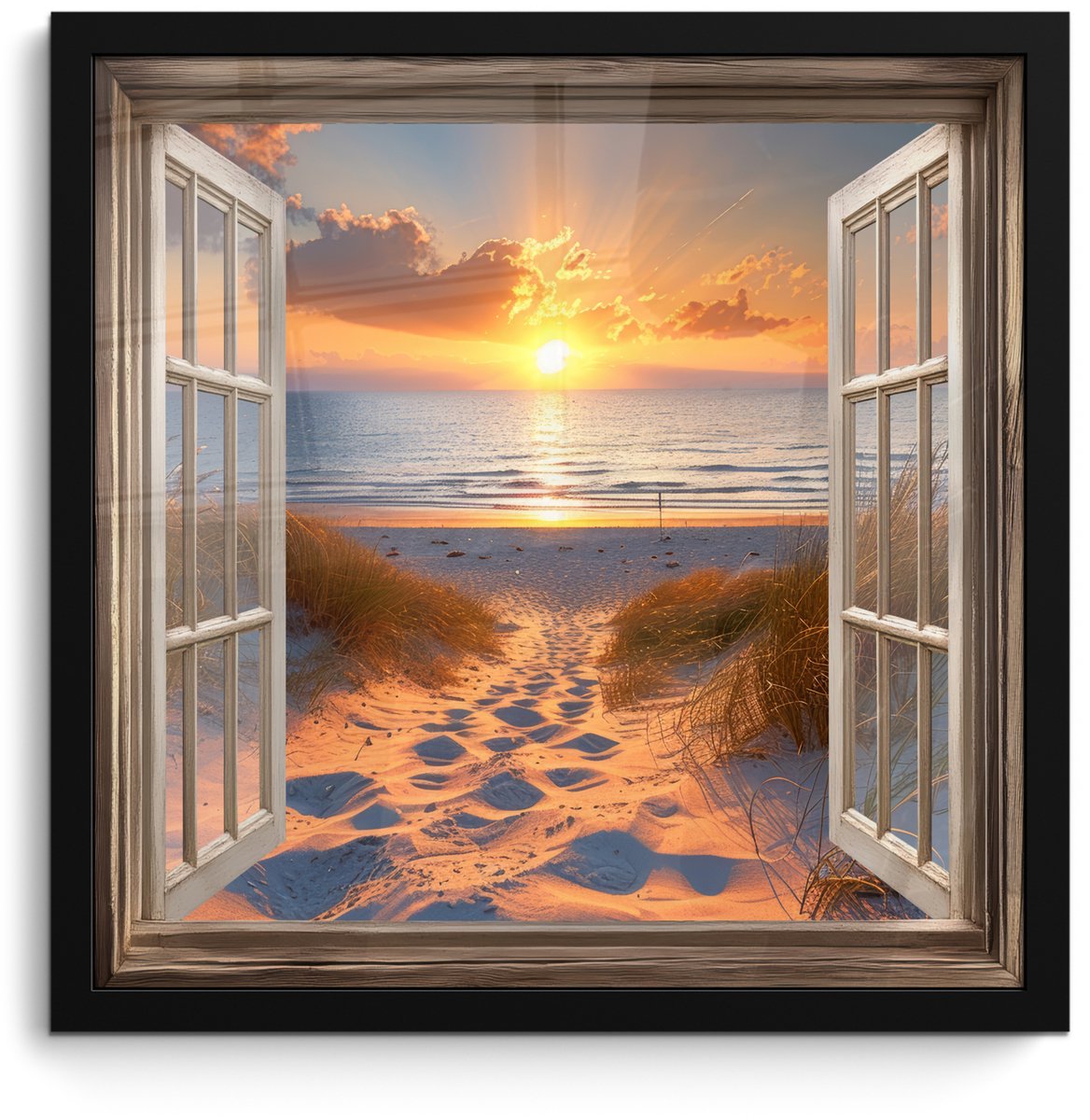 FrameYourWall Poster in lijst - Fotolijst 40x40 cm - Posters - Doorkijk - Strand - Duinen - Zonsondergang - Posterlijst zwart - Decoratie - Wanddecoratie woonkamer - Muurdecoratie slaapkamer Zonsondergang - Duinen