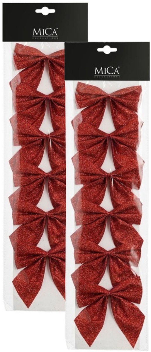 Mica Decorations Kerst ornamenten strikken - 12x st - rood met glitters - 10 x 12 cm - kerstboomstrikjes - kerstversiering