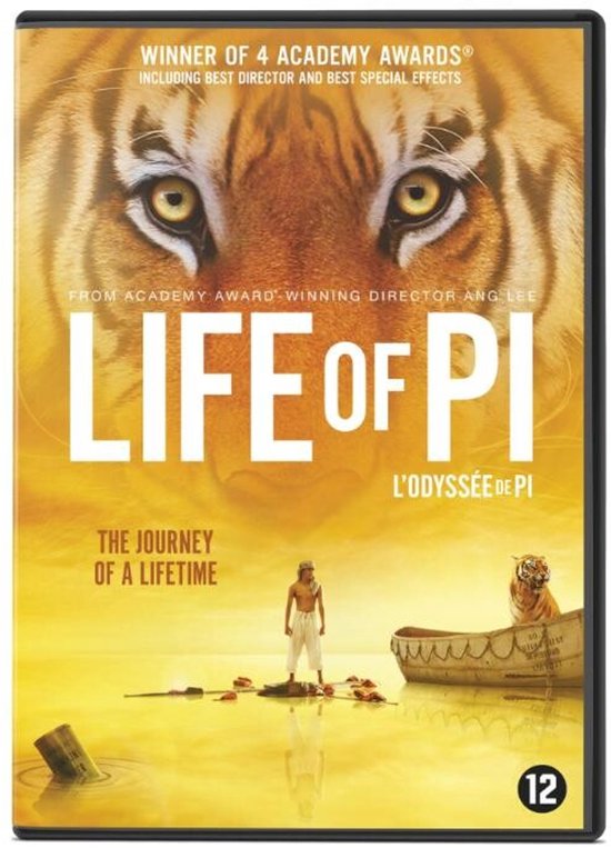 DVD-hoes van 'Life of Pi' met tijger en jongen in een boot. 'Winner of 4 Academy Awards'.