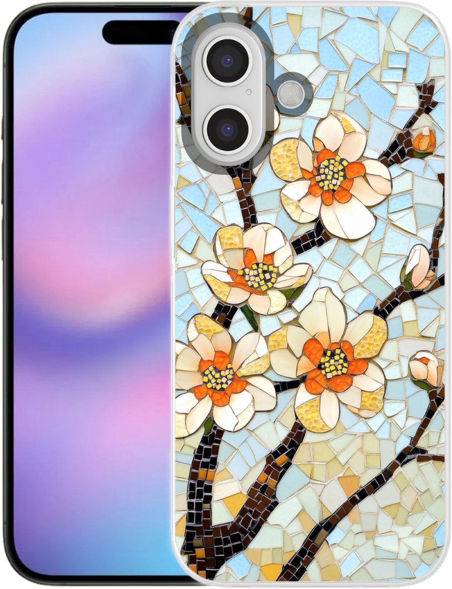 Telefoonhoesje Geschikt voor iPhone 17 hoesje - Bloesems - Wit - Mozaïek - Tak - Siliconen Telefoonhoesje Telefoonhoesje