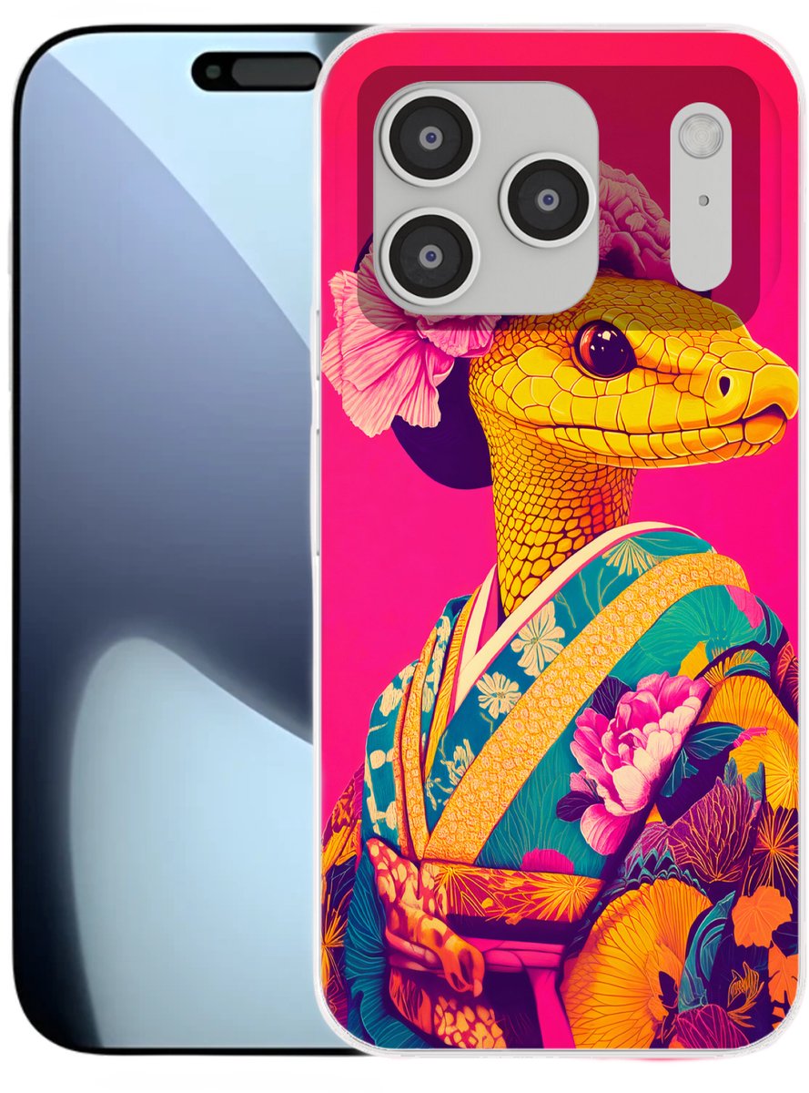 Telefoonhoesje Geschikt voor iPhone 17 Pro hoesje - Hagedis - Bloemen - Roze - Kimono - Siliconen Telefoonhoesje Telefoonhoesje