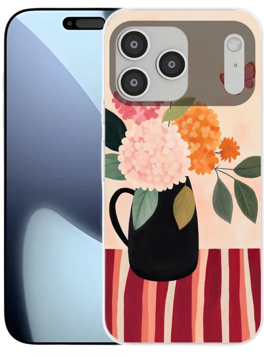 Telefoonhoesje Geschikt voor iPhone 17 Pro Max hoesje - Vaas - Bloemen - Vlinder - Rood - Siliconen Telefoonhoesje Telefoonhoesje