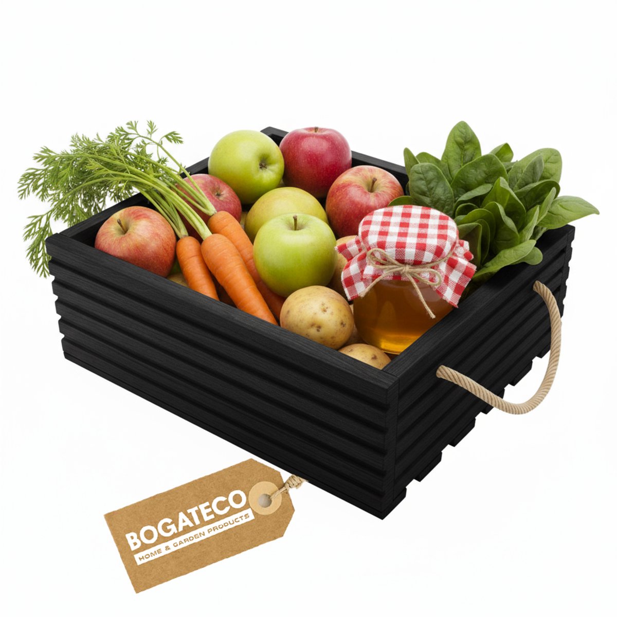 BOGATECO houten kist naturel | 40 cm x 35 cm x 14,5 cm | Houten kist | Decoratieve houten kisten | fruitdoos | Groentendoos | Houten kist voor opslag | doos | ZWART