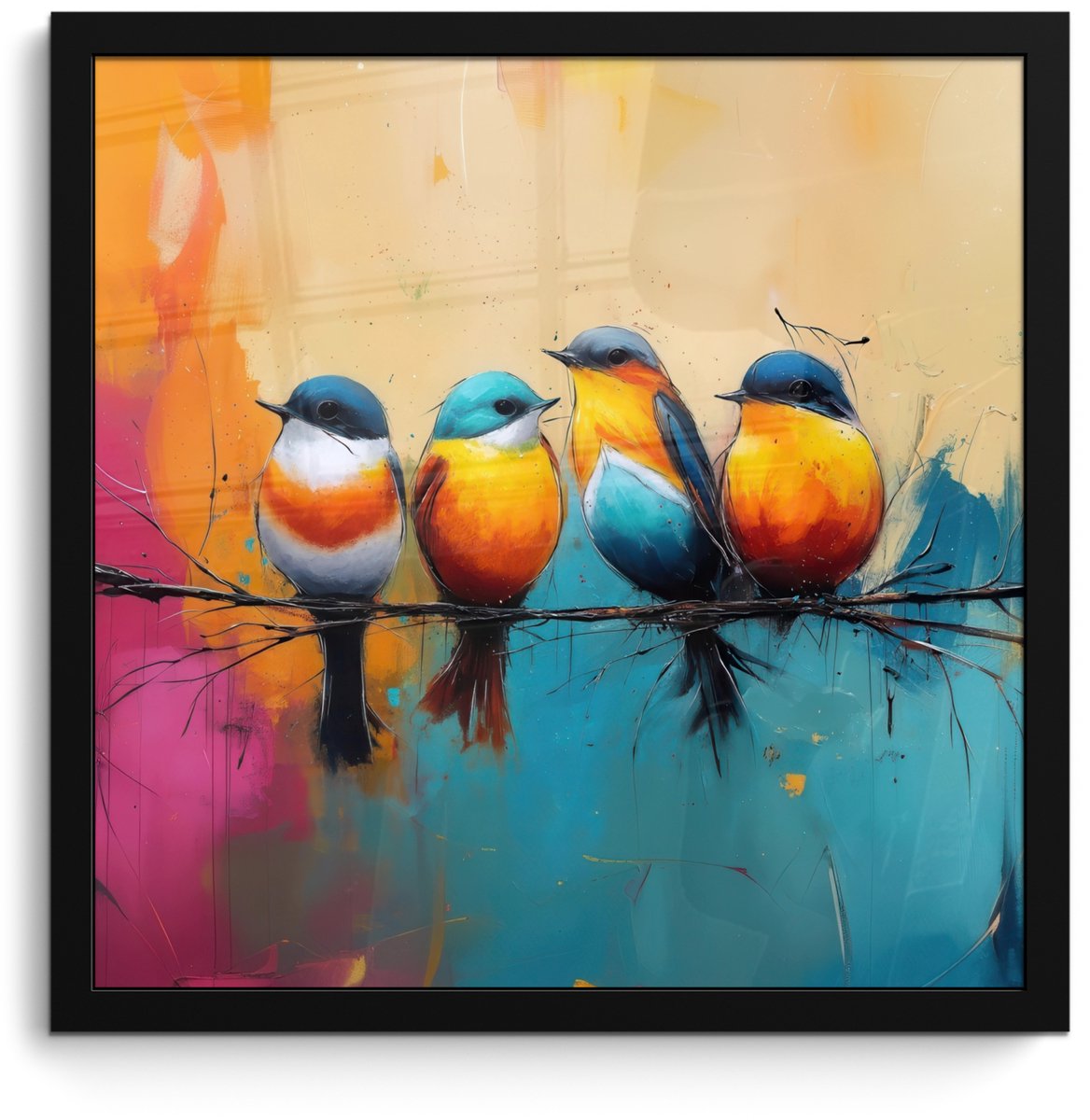 FrameYourWall Poster in lijst - Fotolijst 40x40 cm - Posters - Vogels - Kleurrijk - Tak - Abstract - Posterlijst zwart - Decoratie - Wanddecoratie woonkamer - Muurdecoratie slaapkamer