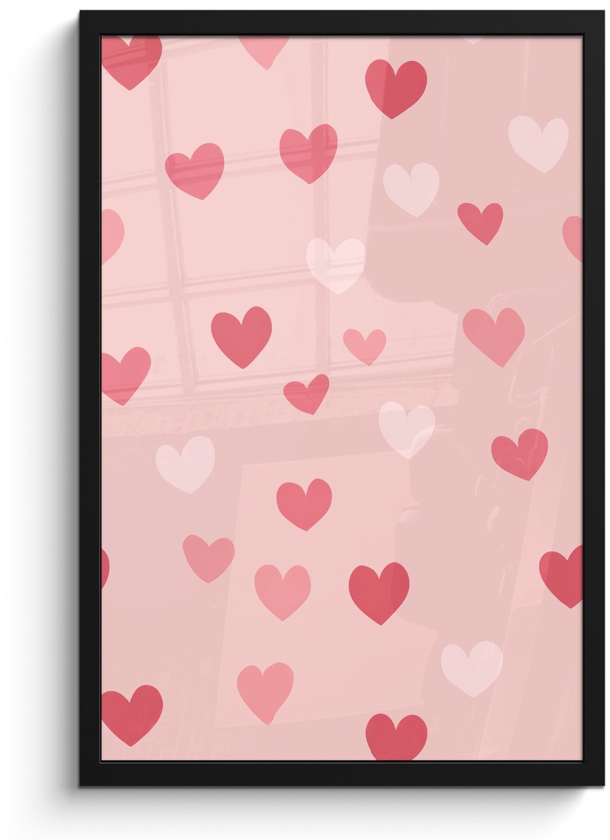 FrameYourWall Poster in lijst - Fotolijst 40x60 cm - Posters - Hartjes - Patroon - Roze - Eenvoudig - Posterlijst zwart - Decoratie - Wanddecoratie woonkamer - Muurdecoratie slaapkamer