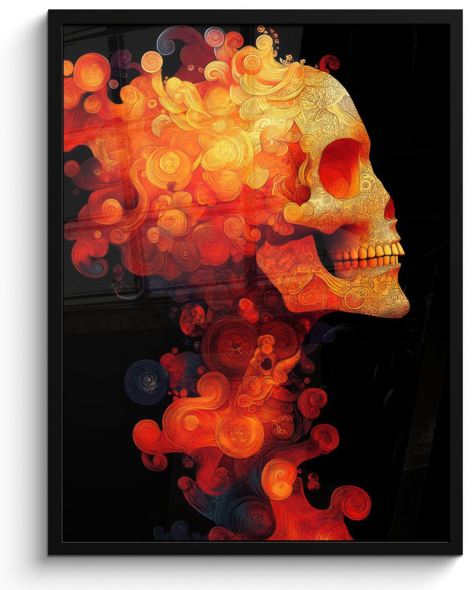FrameYourWall Poster in lijst - Fotolijst 60x80 cm - Posters - Schedel - Oranje - Zijaanzicht - Vlammen - Posterlijst zwart - Decoratie - Wanddecoratie woonkamer - Muurdecoratie slaapkamer Schedel - Vlammen