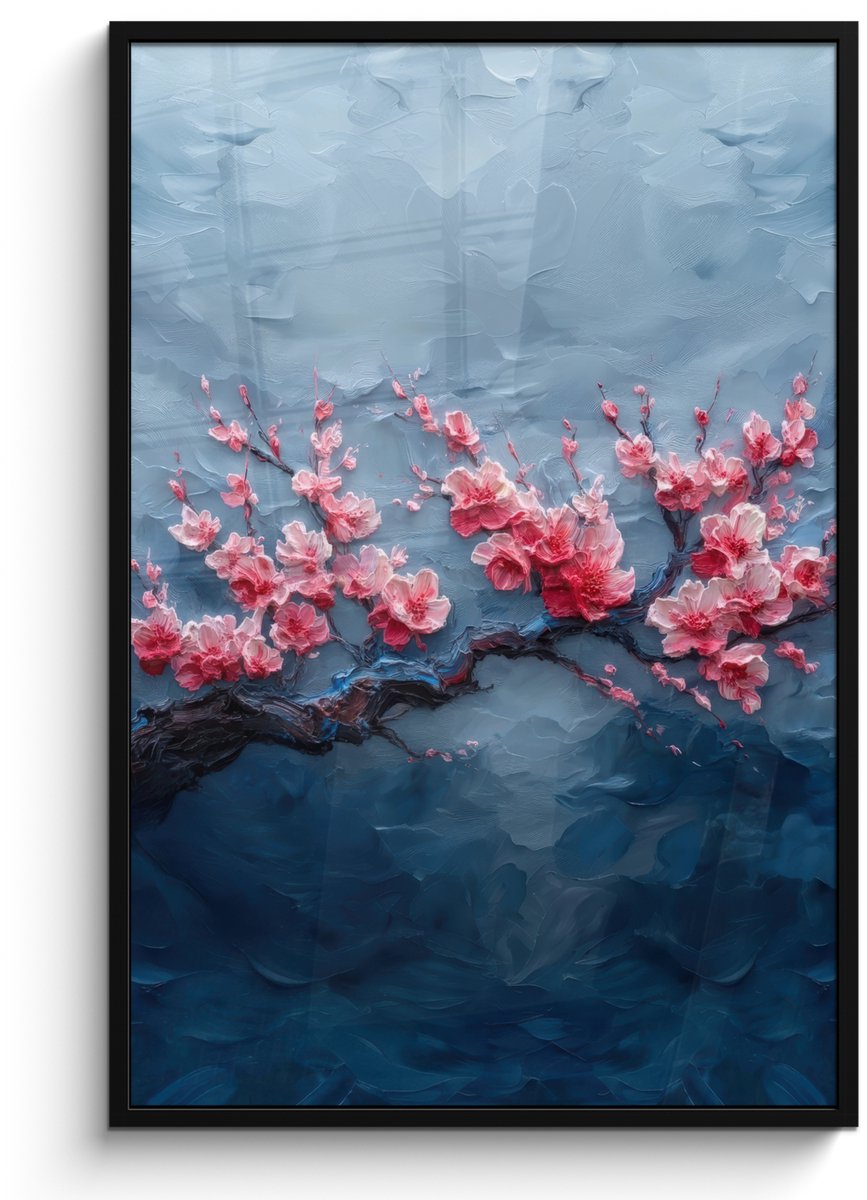 FrameYourWall Poster in lijst - Fotolijst 80x120 cm - Posters - Bloesem - Bloem - Roze - Tak - Posterlijst zwart - Decoratie - Wanddecoratie woonkamer - Muurdecoratie slaapkamer Bloesem - Tak