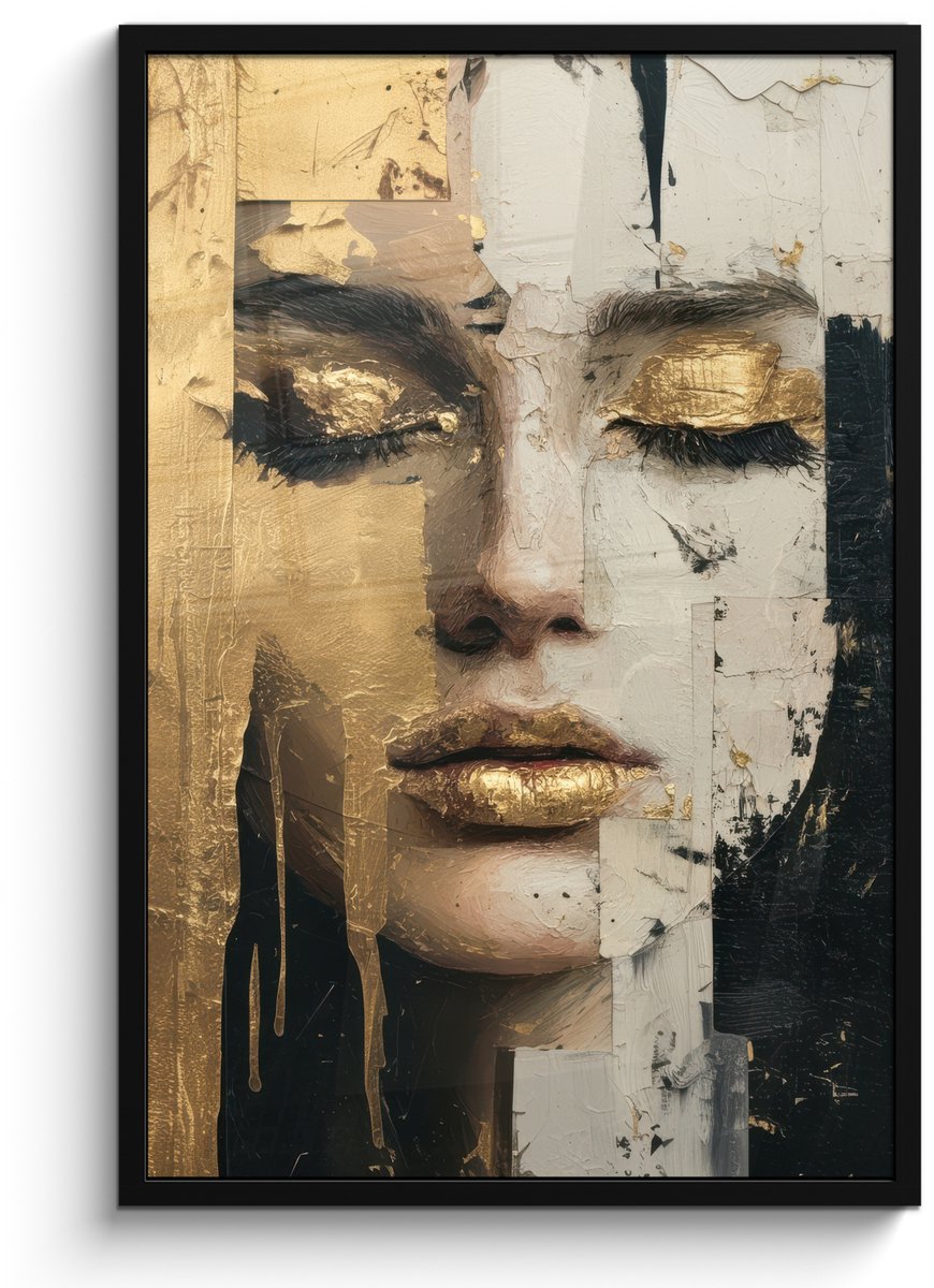 FrameYourWall Poster in lijst - Fotolijst 60x90 cm - Posters - Abstract - Goud - Gezicht - Lippen - Posterlijst zwart - Decoratie - Wanddecoratie woonkamer - Muurdecoratie slaapkamer Abstract - Gezicht - Lippen