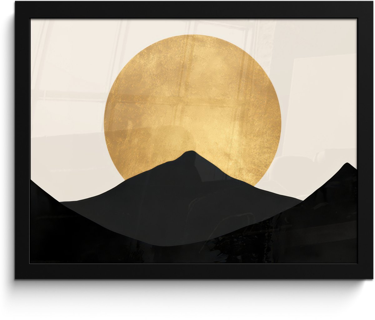 FrameYourWall Poster in lijst - Fotolijst 40x30 cm - Posters - Bergsilhouetten - Gouden cirkel - Beige - Posterlijst zwart - Decoratie - Wanddecoratie woonkamer - Muurdecoratie slaapkamer Bergsilhouetten - Cirkel