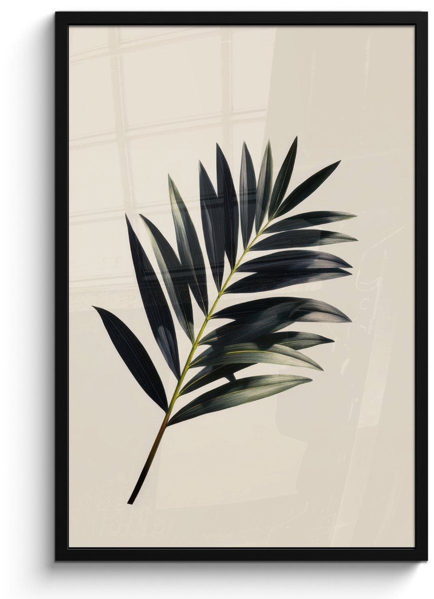 FrameYourWall Poster in lijst - Fotolijst 60x90 cm - Posters - Palmblad - Subtiel - Groen - beige - Posterlijst zwart - Decoratie - Wanddecoratie woonkamer - Muurdecoratie slaapkamer