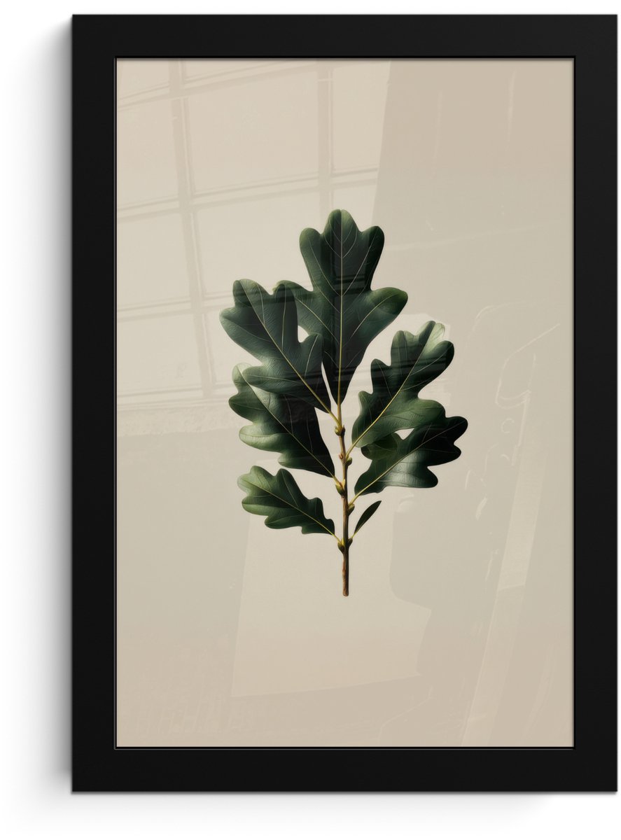 FrameYourWall Poster in lijst - Fotolijst 20x30 cm - Posters - Eikenbladeren - Beige - Groen - Golvende randen - Posterlijst zwart - Decoratie - Wanddecoratie woonkamer - Muurdecoratie slaapkamer