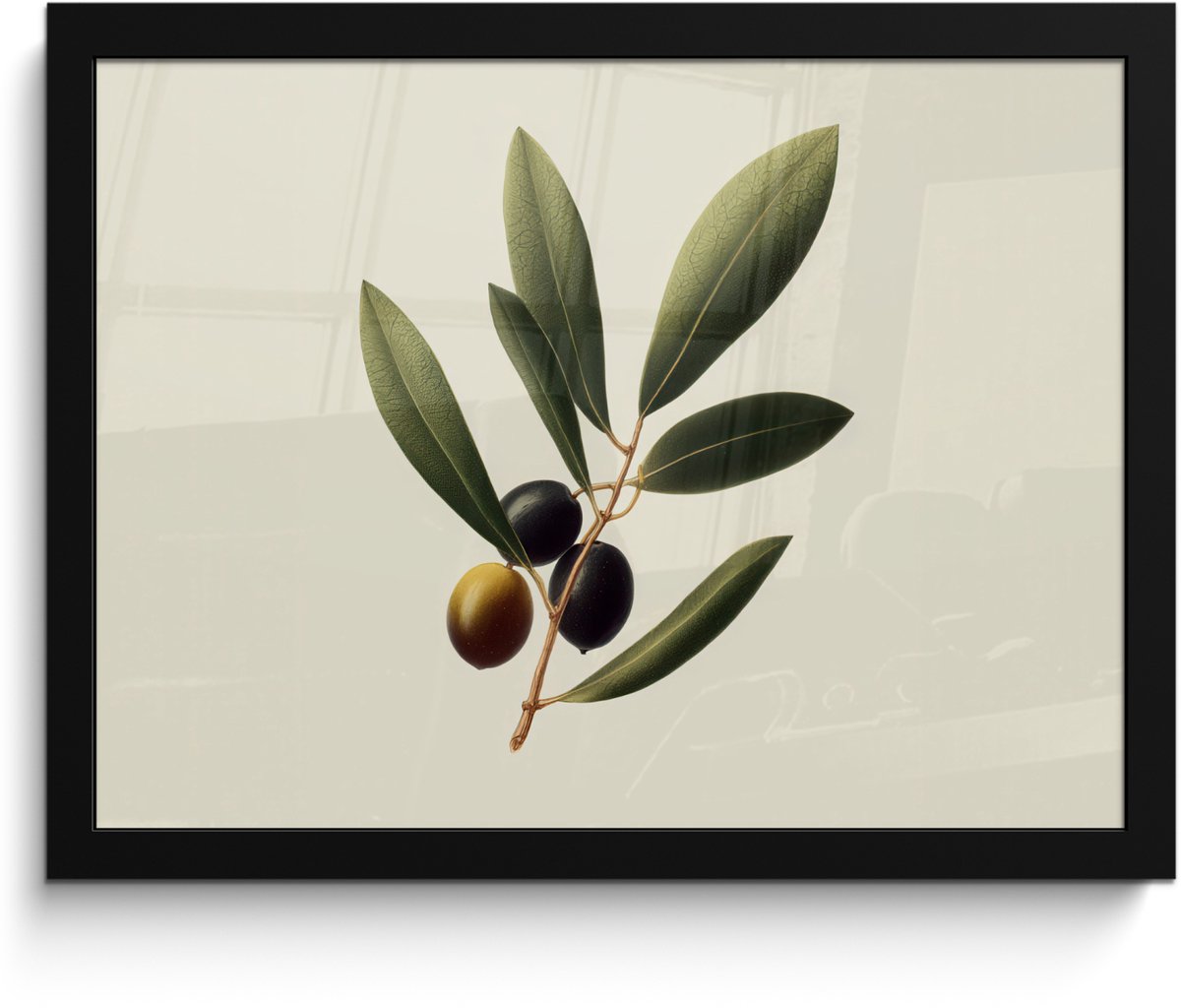 FrameYourWall Poster in lijst - Fotolijst 40x30 cm - Posters - Olijftak - Donkergroen - Olijven - Posterlijst zwart - Decoratie - Wanddecoratie woonkamer - Muurdecoratie slaapkamer