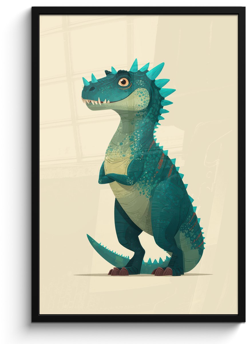 FrameYourWall Poster in lijst - Fotolijst 60x90 cm - Posters - Dinosaurus - Turquoise - Stekels - Posterlijst zwart - Decoratie - Wanddecoratie woonkamer - Muurdecoratie slaapkamer Dinosaurus - Stekels