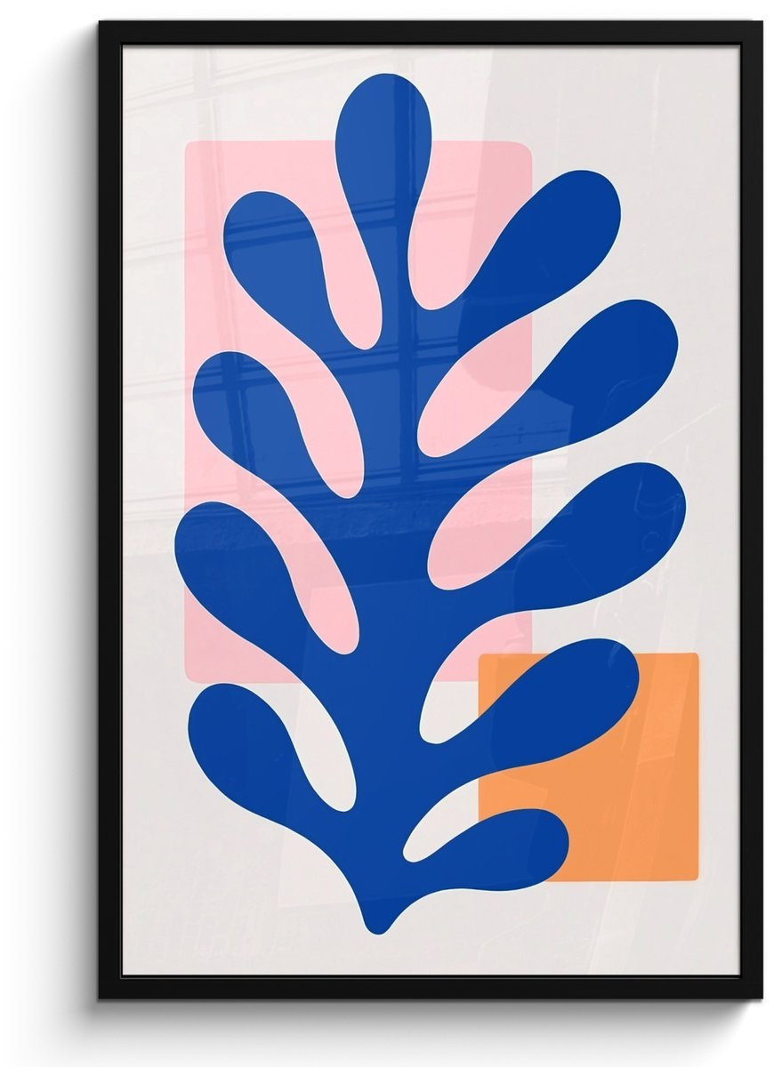 FrameYourWall Poster in lijst - Fotolijst 60x90 cm - Posters - Abstract - Blad - Blauw - Rechthoeken - Posterlijst zwart - Decoratie - Wanddecoratie woonkamer - Muurdecoratie slaapkamer