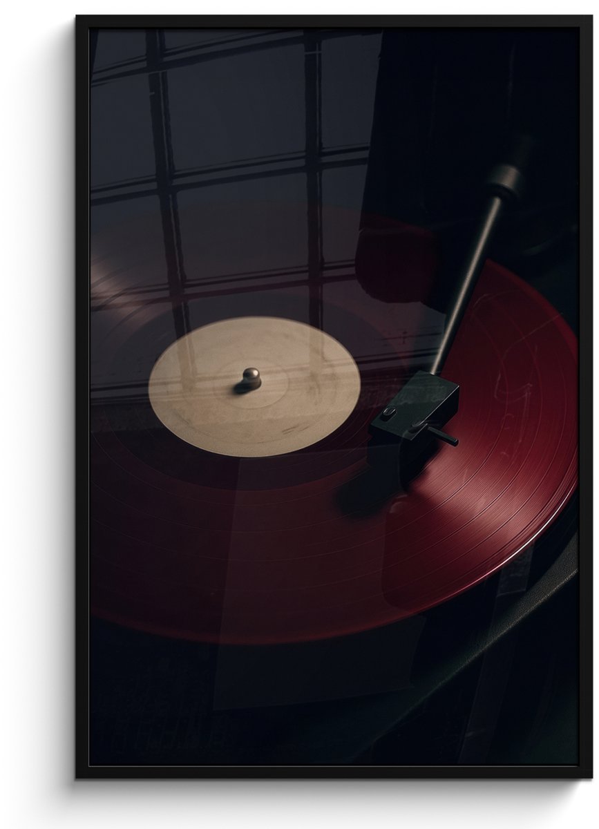 FrameYourWall Poster in lijst - Fotolijst 80x120 cm - Posters - Vinylplaat - Rood - Platenspeler - Naald - Posterlijst zwart - Decoratie - Wanddecoratie woonkamer - Muurdecoratie slaapkamer Vinylplaat - Platenspeler