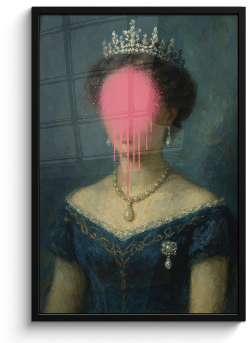FrameYourWall Poster in lijst - Fotolijst 60x90 cm - Posters - Kroon - Roze druipend verf - Portret - Posterlijst zwart - Decoratie - Wanddecoratie woonkamer - Muurdecoratie slaapkamer Vrouw - Kroon - Verf