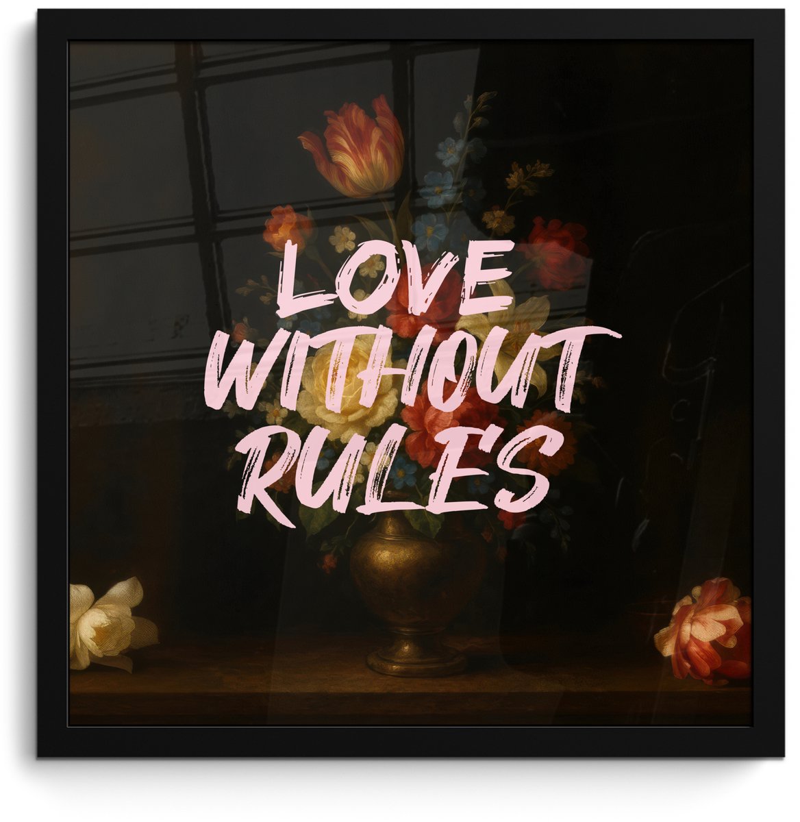 FrameYourWall Poster in lijst - Fotolijst 40x40 cm - Posters - Liefde - Modern - Bloemen - Posterlijst zwart - Decoratie - Wanddecoratie woonkamer - Muurdecoratie slaapkamer Love without rules