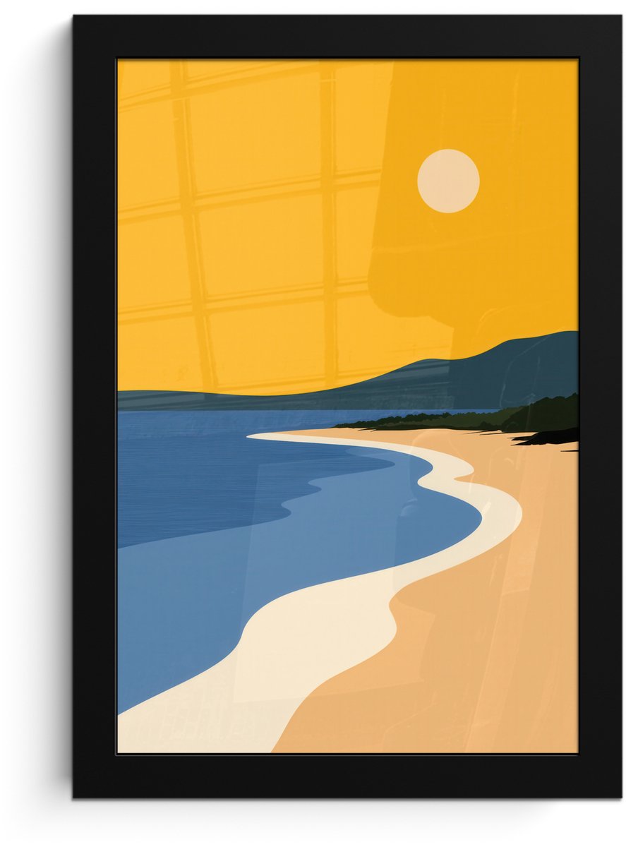 FrameYourWall Poster in lijst - Fotolijst 20x30 cm - Posters - Kustlijn - Oranje lucht - Begroeiing - Posterlijst zwart - Decoratie - Wanddecoratie woonkamer - Muurdecoratie slaapkamer Kustlijn - Zon