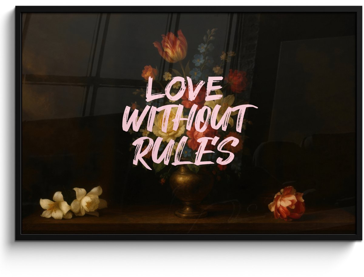 FrameYourWall Poster in lijst - Fotolijst 120x80 cm - Posters - Liefde - Modern - Bloemen - Posterlijst zwart - Decoratie - Wanddecoratie woonkamer - Muurdecoratie slaapkamer Love without rules