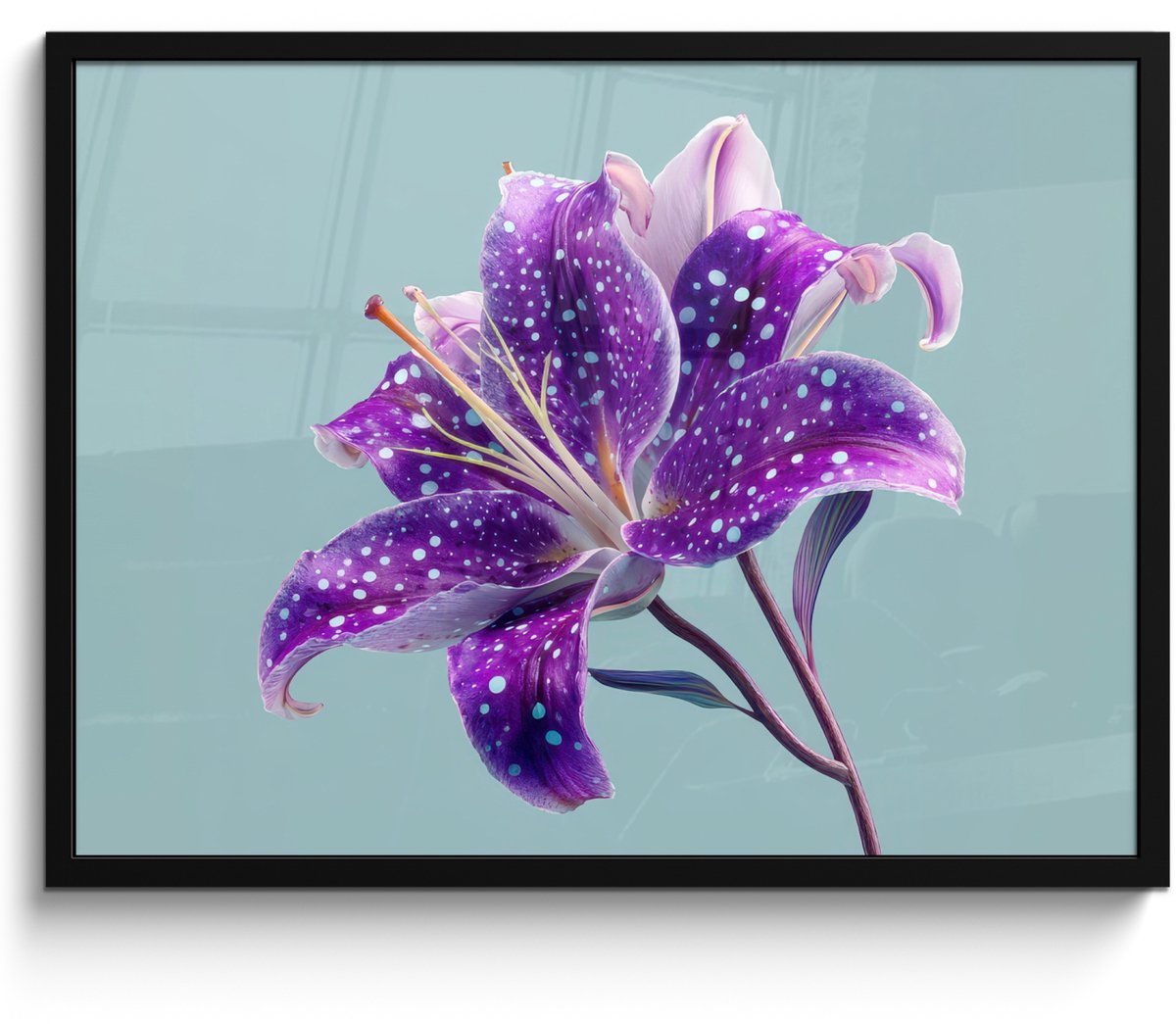 FrameYourWall Poster in lijst - Fotolijst 80x60 cm - Posters - Lelie - Bloem - Paars - Stippen - Posterlijst zwart - Decoratie - Wanddecoratie woonkamer - Muurdecoratie slaapkamer