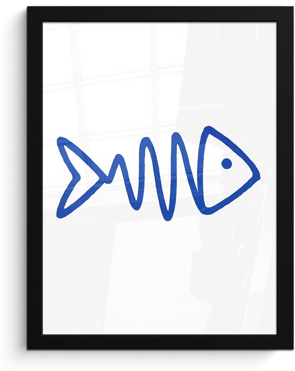 FrameYourWall Poster in lijst - Fotolijst 30x40 cm - Posters - Vis - Minimalistisch - Blauw - Lijn - Posterlijst zwart - Decoratie - Wanddecoratie woonkamer - Muurdecoratie slaapkamer Vis - Lijnen