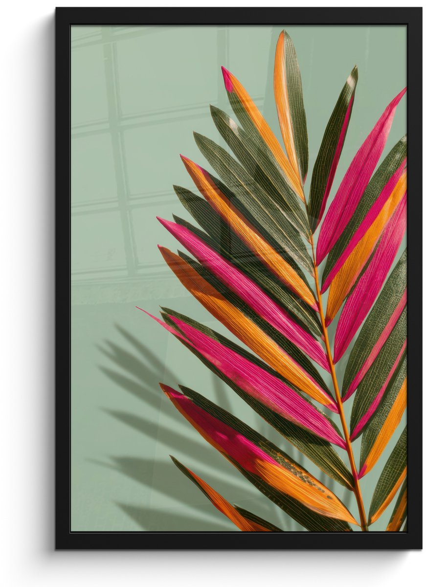 FrameYourWall Poster in lijst - Fotolijst 40x60 cm - Posters - Tak - Bladeren - Kleurrijk - Schaduw - Posterlijst zwart - Decoratie - Wanddecoratie woonkamer - Muurdecoratie slaapkamer