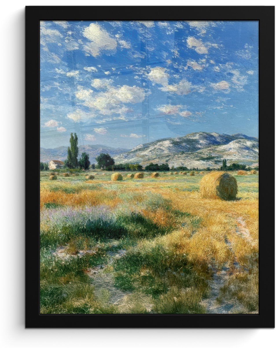 FrameYourWall Poster in lijst - Fotolijst 30x40 cm - Posters - Landschap - Strobalen - Bergen - Wolken - Posterlijst zwart - Decoratie - Wanddecoratie woonkamer - Muurdecoratie slaapkamer