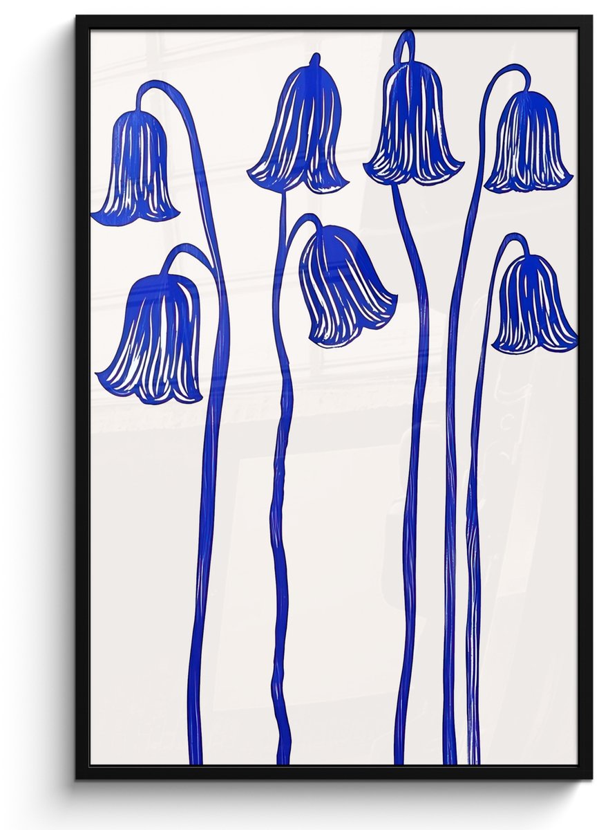 FrameYourWall Poster in lijst - Fotolijst 80x120 cm - Posters - Bloemen - Blauw - Lijnen - Bloemblaadjes - Posterlijst zwart - Decoratie - Wanddecoratie woonkamer - Muurdecoratie slaapkamer Bloemen - Bloemblaadjes