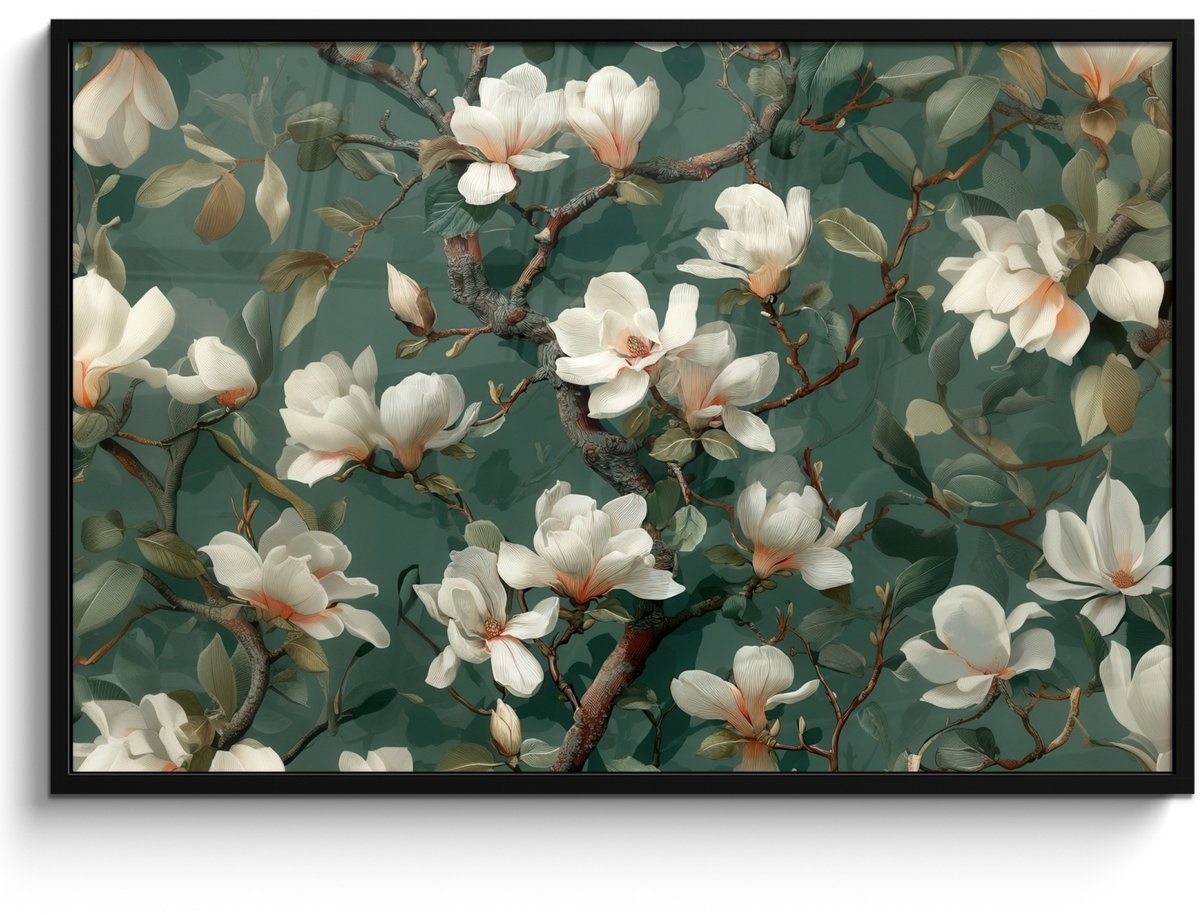 FrameYourWall Poster in lijst - Fotolijst 120x80 cm - Posters - Bloemen - Takken - Wit - Klassiek - Posterlijst zwart - Decoratie - Wanddecoratie woonkamer - Muurdecoratie slaapkamer