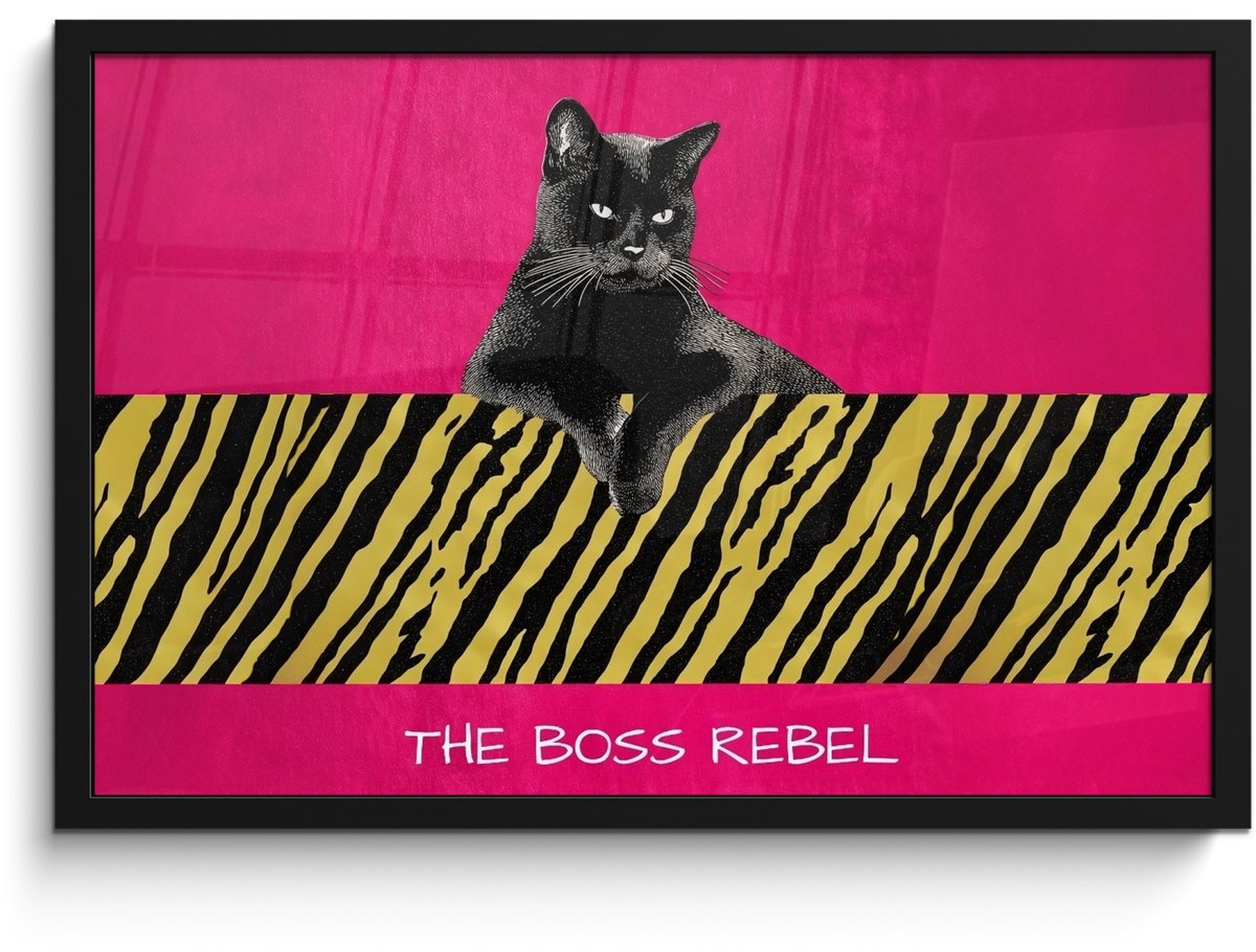 FrameYourWall Poster in lijst - Fotolijst 60x40 cm - Posters - Kat - Baas - Roze - Tijgerprint - Posterlijst zwart - Decoratie - Wanddecoratie woonkamer - Muurdecoratie slaapkamer Kat - Tekst