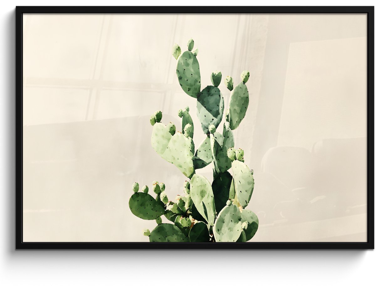 FrameYourWall Poster in lijst - Fotolijst 120x80 cm - Posters - Cactus - Groen - Minimalistisch - Posterlijst zwart - Decoratie - Wanddecoratie woonkamer - Muurdecoratie slaapkamer