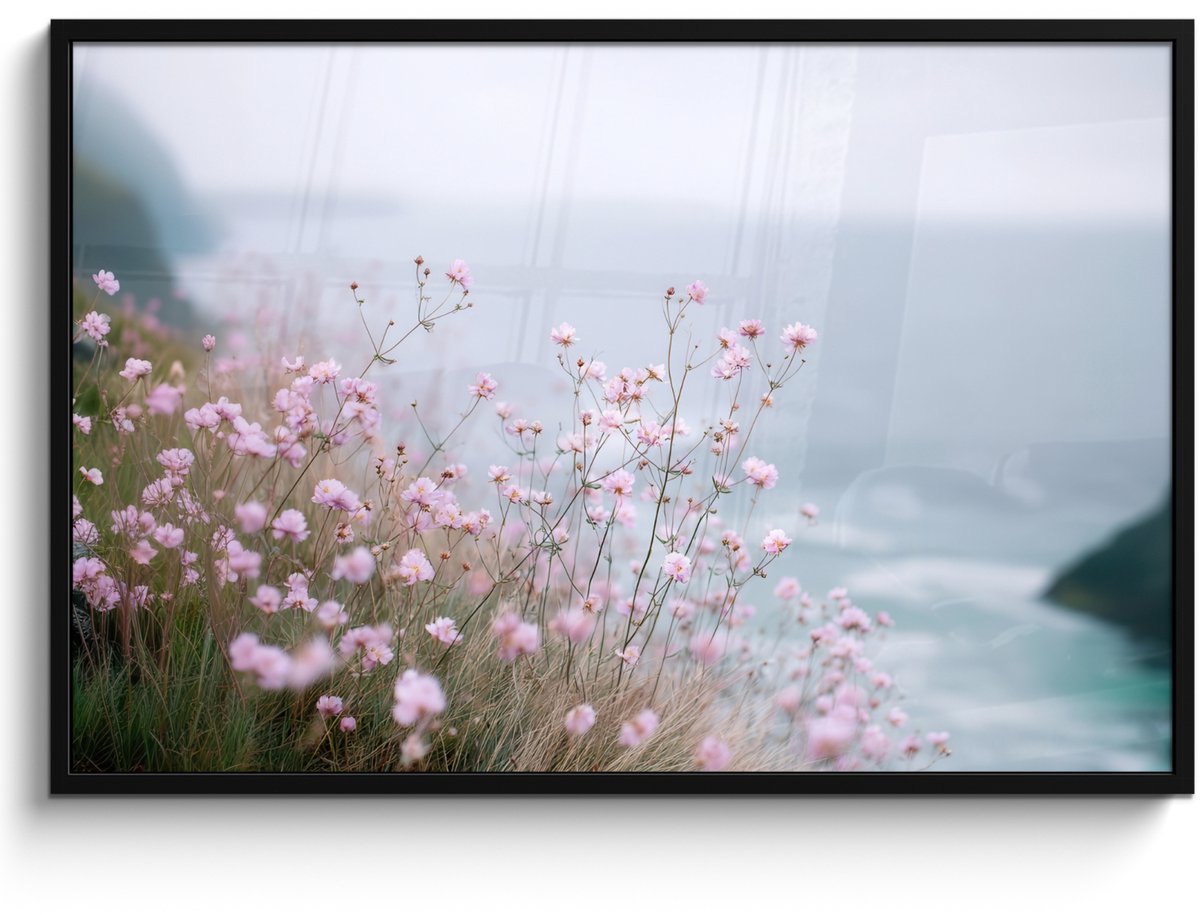 FrameYourWall Poster in lijst - Fotolijst 120x80 cm - Posters - Klif - Bloemen - Zee - Roze - Posterlijst zwart - Decoratie - Wanddecoratie woonkamer - Muurdecoratie slaapkamer