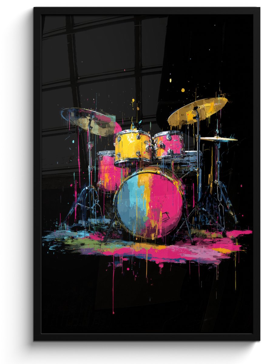 FrameYourWall Poster in lijst - Fotolijst 60x90 cm - Posters - Drumstel - Kleurrijk - Verf - Levendig - Posterlijst zwart - Decoratie - Wanddecoratie woonkamer - Muurdecoratie slaapkamer