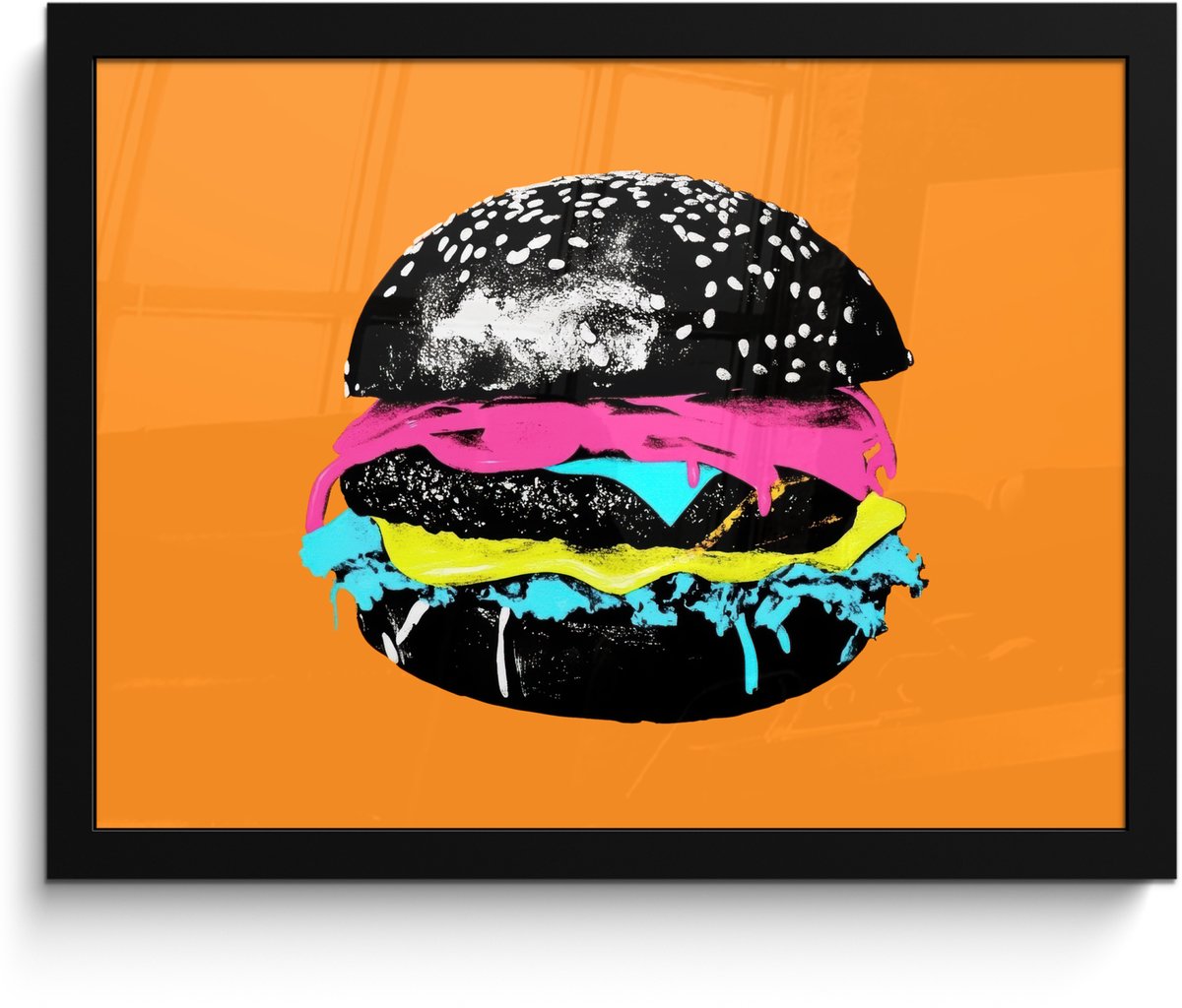 FrameYourWall Poster in lijst - Fotolijst 40x30 cm - Posters - Hamburger - Oranje - Neon - popart - Posterlijst zwart - Decoratie - Wanddecoratie woonkamer - Muurdecoratie slaapkamer Hamburger - popart