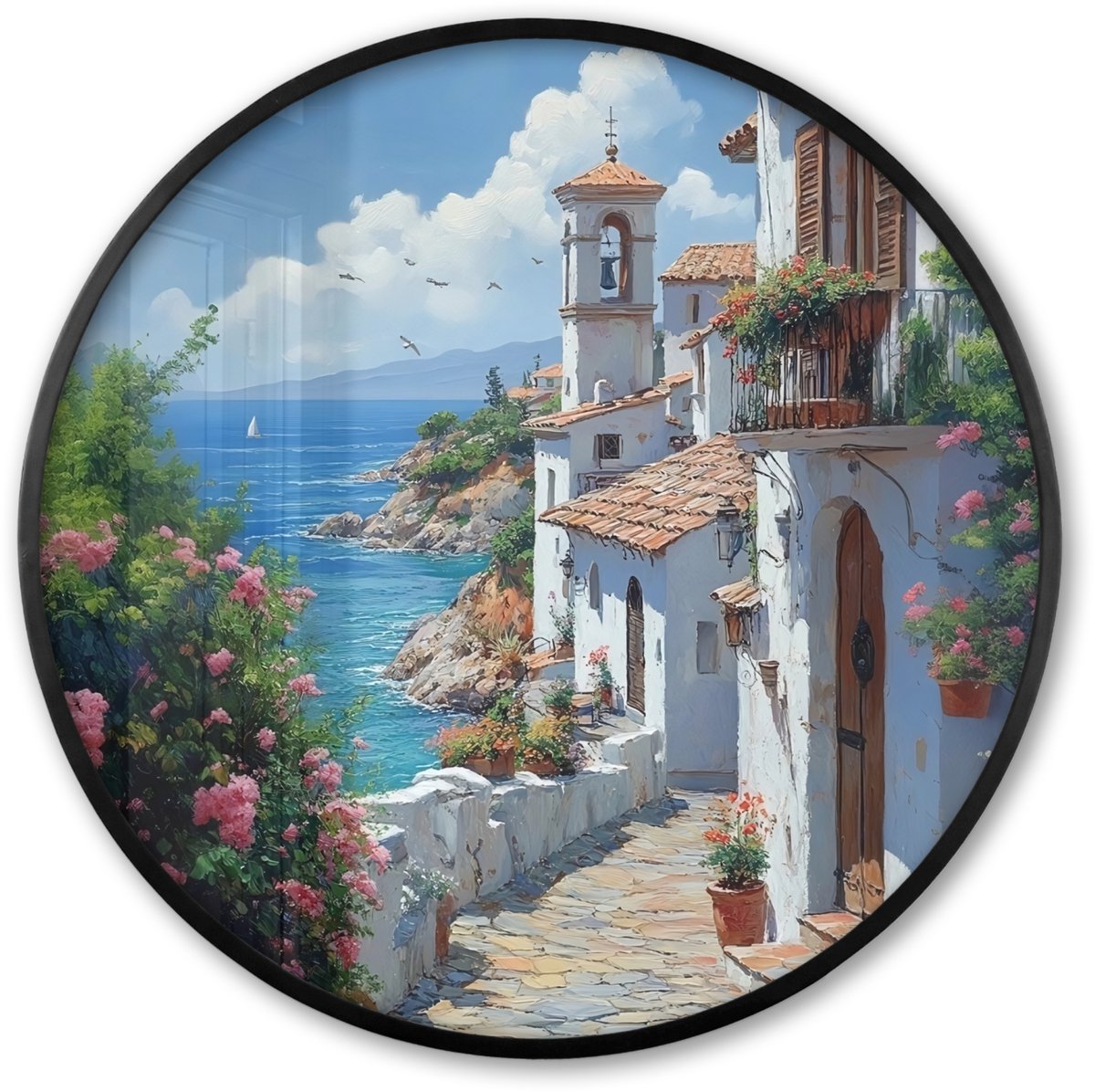FrameYourWall Poster in lijst Rond - Fotolijst 80x80 cm - Posters - Huizen - Zee - Bomen - Bloemen - Ronde posterlijst zwart - Decoratie - Wanddecoratie woonkamer - Muurdecoratie slaapkamer Huizen - Zee - Bloemen