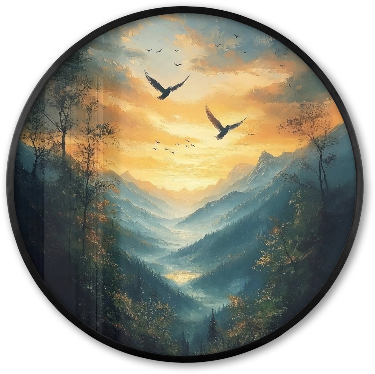 FrameYourWall Poster in lijst Rond - Fotolijst 60x60 cm - Posters - Vogels - Zon - Bomen - Groen - Ronde posterlijst zwart - Decoratie - Wanddecoratie woonkamer - Muurdecoratie slaapkamer Vogels - Bergen